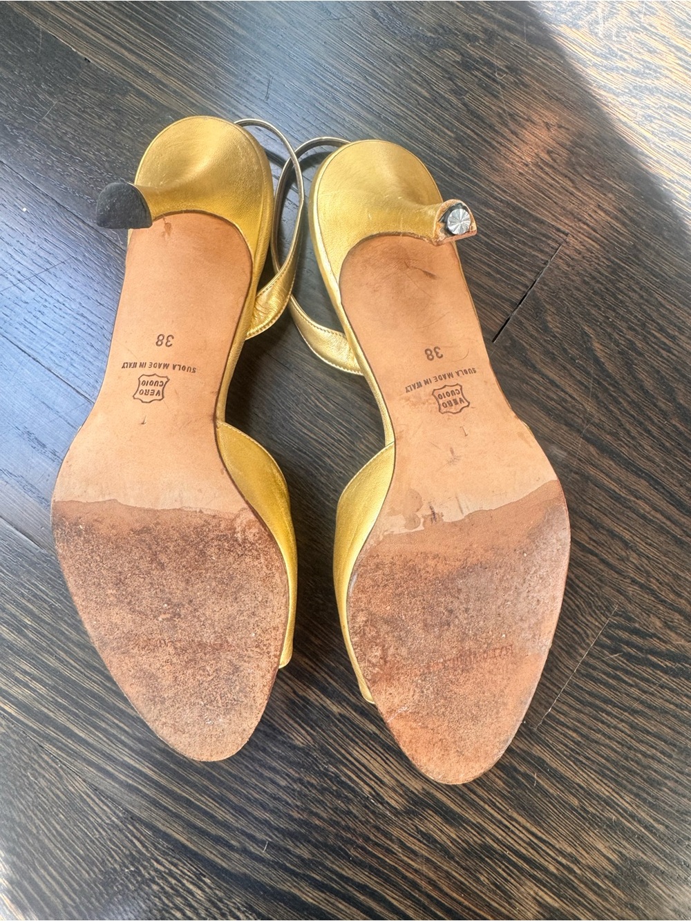 Manolo Blahnik Gold Leather Open-Toe Slingback Heels Sandals - Picture 7 of 10